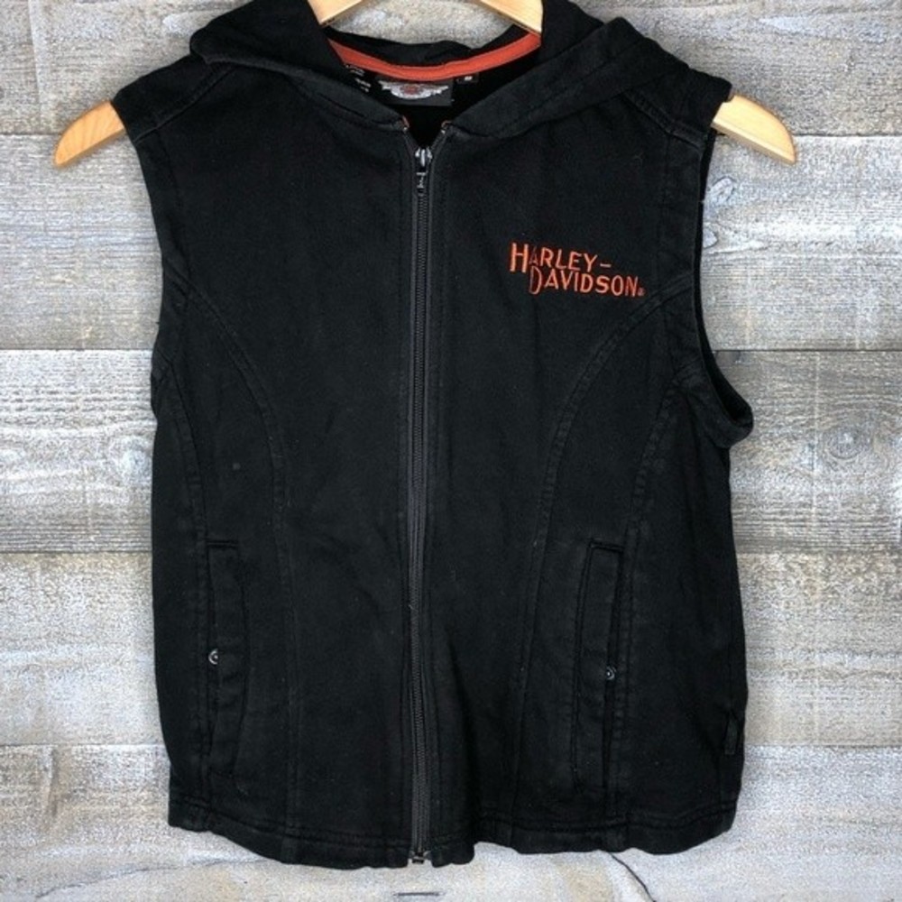 Harley Davidson small sleeveless black zip up hooded motorcycle vest